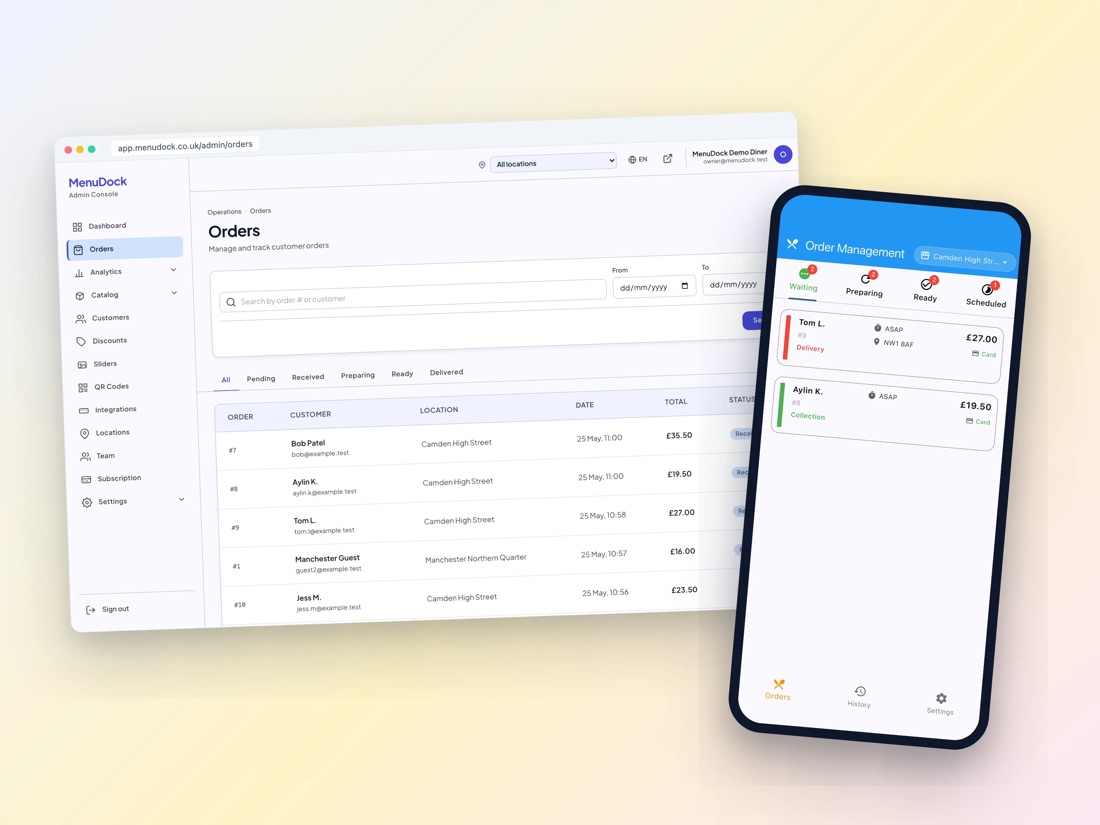 MenuDock admin orders on phone and desktop