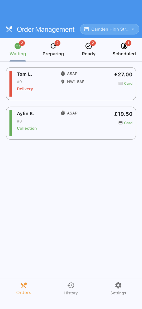 MenuDock live order queue on a phone